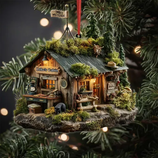 Discover Woodland Cabin Christmas Ornament, 2D Rustic Forest Workshop with Moss Roof