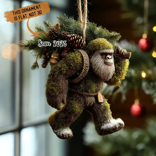 Discover Bigfoot Christmas Ornament, Mossy Sasquatch with Pine Branch Cones