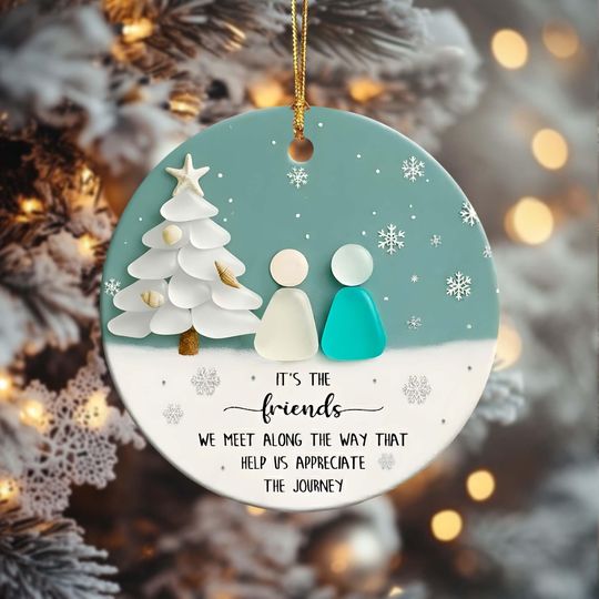 Ceramic Friends Christmas Ornament, Sea-Glass Figures Winter Tree & Snowflakes, Heartfelt Friendship Quote Keepsake, Best Friend Gift 2025