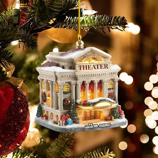 Discover Theater Christmas Ornament, Miniature Resin Village Building with Custom Name