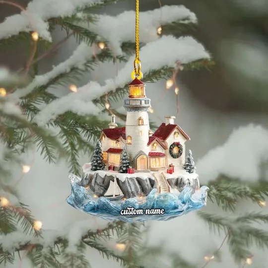 Discover Lighthouse by the Sea Christmas Ornament, 2D Acrylic Coastal Nautical Holiday