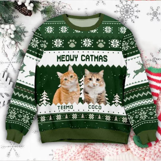 Discover Custom Photo Christmas Ugly Sweater, Meowy Catmas Ugly Sweater Thanksgiving Gift