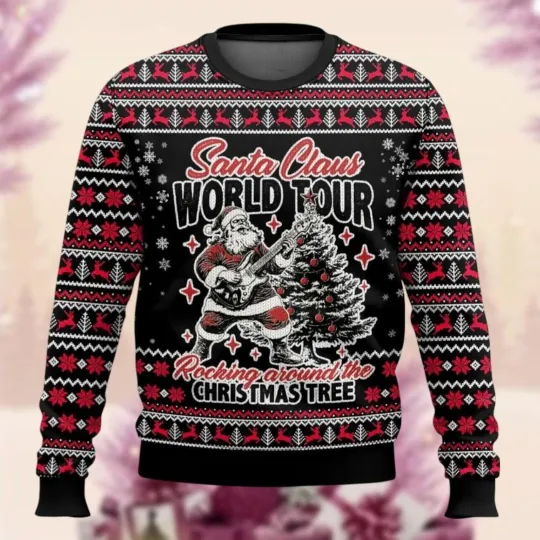 Santa Claus World Tour Ugly Sweater, Santa Rocking Around Christmas Tree Sweater