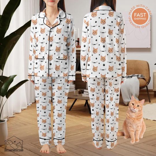 Discover Custom Cat Photo Pajama Set with Socks, Personalized Sleepwear with Name for Pet Lovers