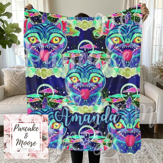 Discover Personalized Derby Tiger Blanket, Custom Name Throw with Kpop Demon Hunters Inspired Neon Design, Cozy Fandom Gift for Fans