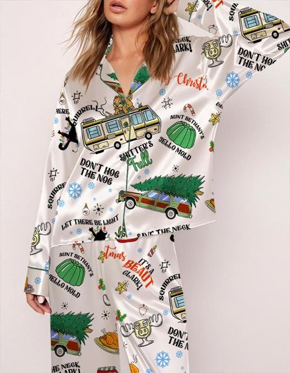 Discover Funny Christmas Lights Satin Pajama Set  Holiday Movie Night PJs Cozy Winter Sleepwear for Women