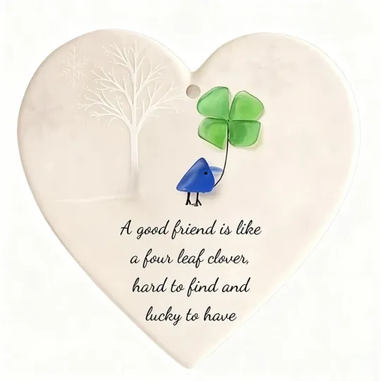 Heart Shaped Sea Glass Friendship Ornament Gift with Acrylic/Ceramic Décor,