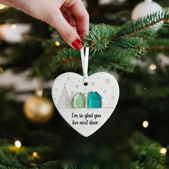 Ceramic Heart Ornament – Thank You Neighbor Keepsake with Sea Glass Accent