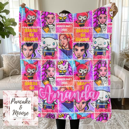 Discover Personalized Huntrix  Kitty Friends Girls Blanket - Kawaii Gamer Design, Bright Neon Character Throw, Custom Name Blanket for Teens