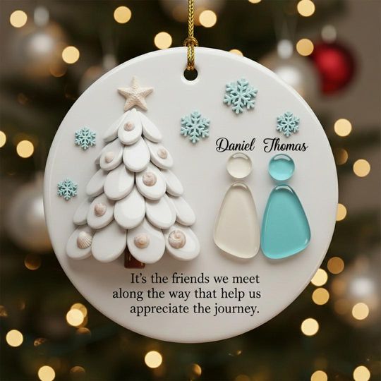 Discover Friends Ceramic Ornament 2D Flat, Sea-Glass Figures Winter Tree & Snowflakes Effect, Heartfelt Friendship Quote Keepsake, Best Friend Gift