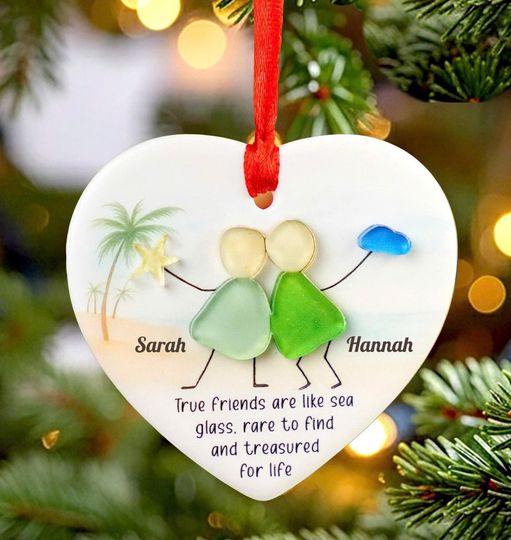 Personalized Heart Friendship Sea Glass Effect 3D Ceramic Ornaments, Timeless Bestie Friends, Christmas Gifts Friends