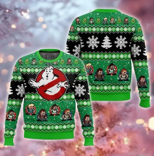 Funny Pixel Ghost Hunting Ugly Sweater, Retro Video Game Movie Xmas Sweatshirt
