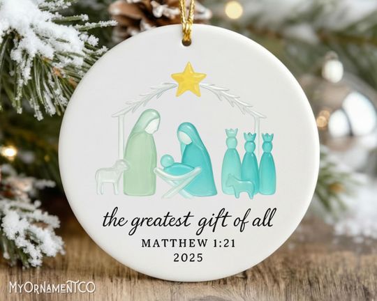 Sea Glass Nativity Ornament, Christian Ceramic Christmas Decor