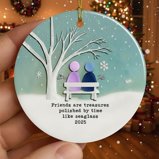 Sea Glass Friends Ornament  Personalized Heart Ceramic Ornament, Bench Scene Friendship Gift, Custom Names Keepsake 2025