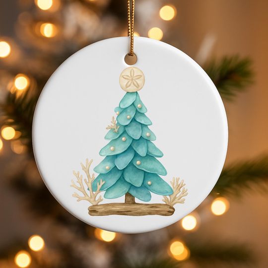 Sea Glass Ceramic Christmas Tree Ornament, Coastal Beach Holiday Decoration, Seaglass Xmas Tree Ornament, Driftwood Seaglass Ornament Gift