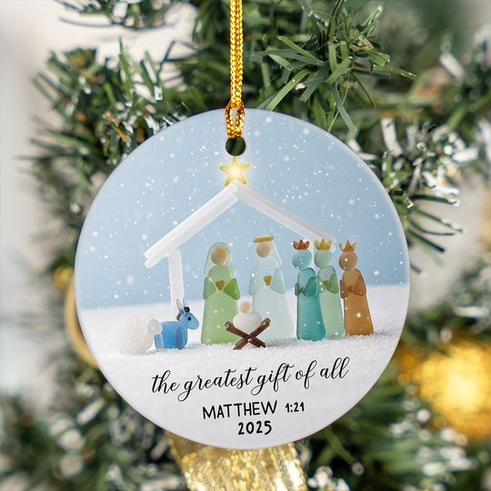 2D Flat Nativity Sea Glass Ceramic Ornament Christmas Decor Gift, Nativity Scene The Greatest Gift of All, Christian Ornament Family Gift