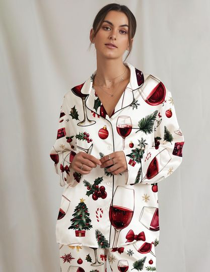 Wine Glass Christmas Pajama Set: Women's Satin Holiday Sleepwear