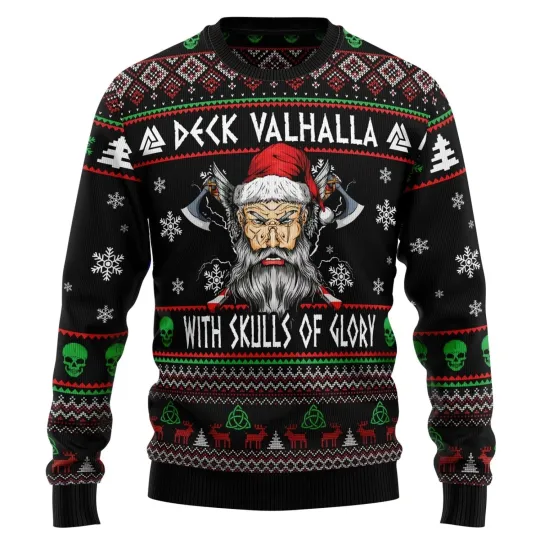 Viking Deck Valhalla With Skulls Of Glory Ugly Christmas Sweater