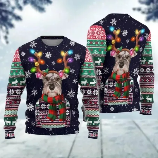 Discover Schnauzer Christmas Sweater Ugly Holiday Knit, Funny Dog Reindeer