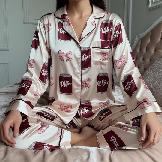 Discover Coquette Bow Dr Pepper Satin Pajamas Set, Christmas Pajamas, Family Matching Pyjama, Coquette Pajama, Dr Pepper Lover Sleepwear, Diet Pepper