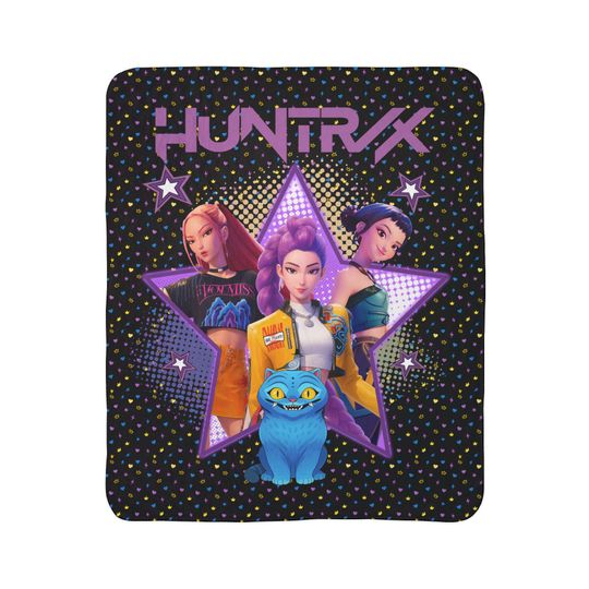 Discover Huntrix K-Pop Demon Hunters Trendy Fleece Sherpa Blanket, Black Anime Style Reversible Throw for Couch Bed