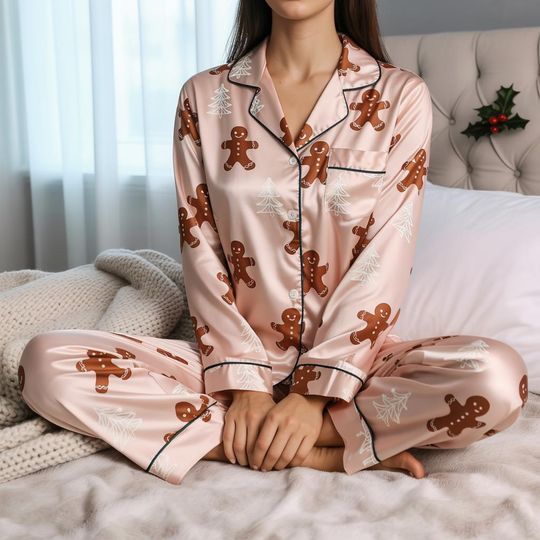 Discover Gingerbread Satin Pajamas Set, Christmas Pajamas, Christmas Family Matching Pajamas Set, Christmas Party Pajamas, Family Matching Sleepwear