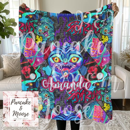 Discover Personalized Graffiti Tiger Blanket - Kpop Demon Hunters Derpy Design for kids, Custom Name Soft Throw, Teen Gamer Room Decor