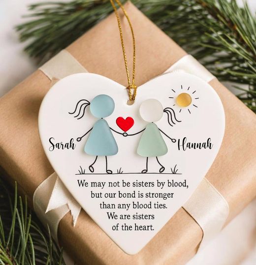 Discover Personalized Sisters Gift Bestie Friends Sea Glass Effect 3D Ornament Ceramic, Timeless Friendship Heart Keepsake, Sea Glass Heart Ornaments
