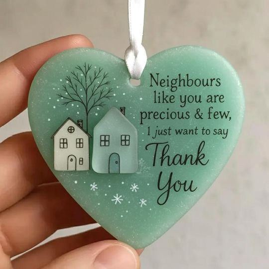 Sea Glass Neighbour Thank You Ornament, Heart Ceramic Hanging Gift, 2D Effect Christmas Tree Decor for Neighbors, Holiday Xmas Tree Decor