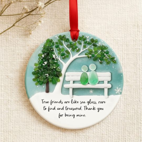 2 Layer Friendship Seaglass Ceramic Ornament: Bestfriend Christmas, Merry Xmas 2025