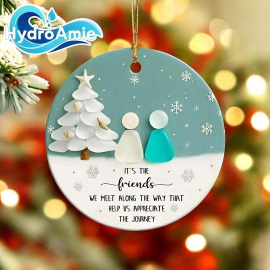 Ceramic Friends Christmas Ornament, Sea-Glass Figures Winter Tree & Snowflakes, Heartfelt Friendship Quote Keepsake, Best Friend Gift 2025