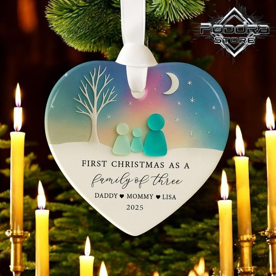 Christmas Family Ornament - First Year as Three, Ceramic Sea Glass 3D
