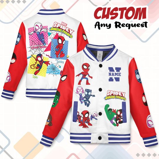 Personalized Spidey And His Amazing Friends Varsity Jacket, Birthday Boy Gift, Spidey Shirt, Kids Varsity Jacket, Spiderman Baseball Jacket