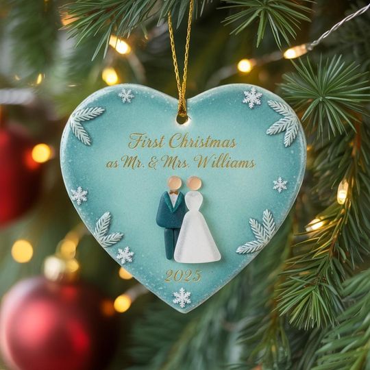 Personalized First Christmas As Mr and Mrs Sea Glass Ceramic Ornament, First Christmas Together Keepsake, Wedding Ornament, Couple Ornament