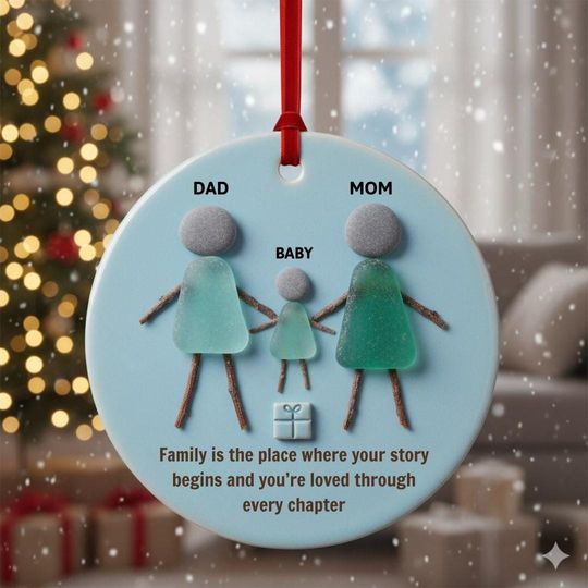 Family Ornament Sea Glass Effect Ceramic Ornament Christmas Gift for Parents New Family Baby Holiday Decor Sentimental Keepsake Love
