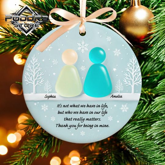 Personalized 3D Sea Glass Ornament, Custom Raised Glass Friendship Gift, Round Ceramic Keepsake, Best Friend Christmas Decor