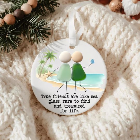 True Friends Sea Glass 2D Ornament, Heart Shaped Friendship Gift, Beach Themed Christmas Decoration, Treasured for Life Keepsake
