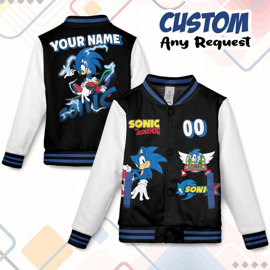 Custom Sonic Kids and Youth Baseball Jacket, Sonic Birthday Aldult Unisex Varsity Baseball Jacket, Sonic Shadow the Hedgehog Baseball Jacket