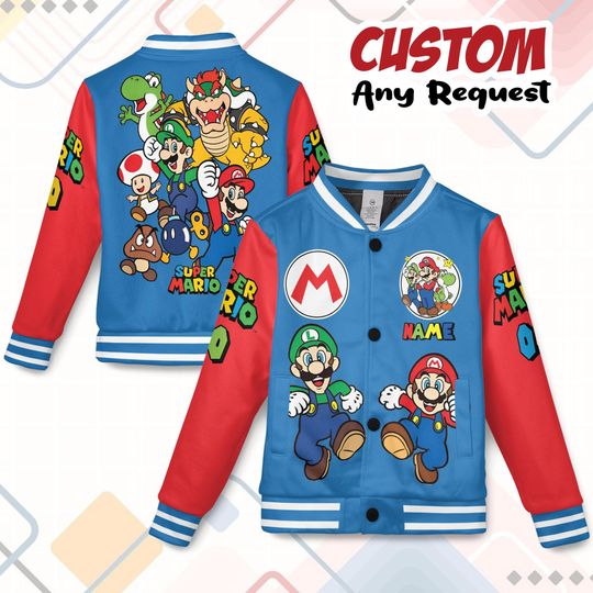 Personalized Super Mario Kids & Adults Name Varsity Jacket, Custom Kids Varsity Jacket, Birthday Boy Gift, Game Shirt, Mario Baseball Jacket