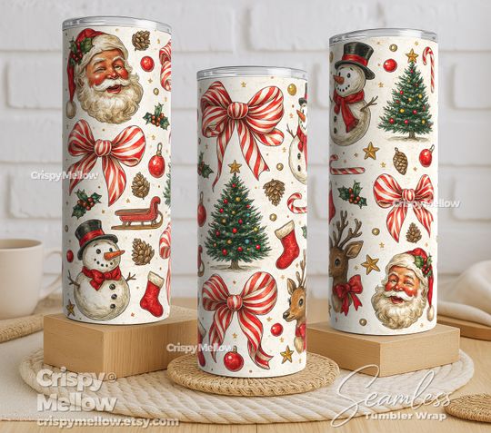 Discover Christmas Tumbler Seamless Wrap  : Vintage Santa, Snowman, Tree (20oz Skinny Tumbler Sublimation Design)