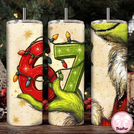 Discover Funny 67 Christmas Green Hand Skinny Tumbler Wrap, Six Seven Meme Tumbler 20Oz  , Trendy Xmas 6 7  , Retro Christmas Thief