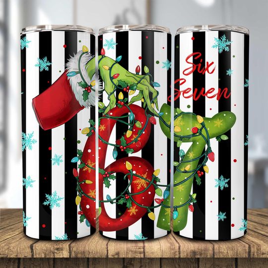 Discover Six Seven Funny Meme Christmas Hands 20oz Skinny Tumbler  , Trendy Green Guy Holiday Coffee Wrap, Grinc 6 7 Christmas Tumbler Subliation