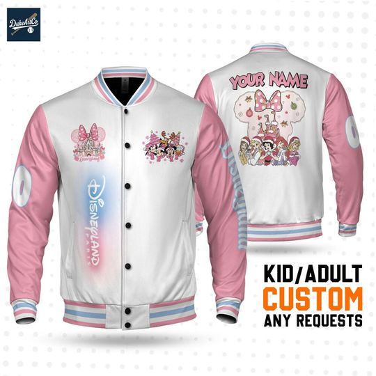 Discover Personalized Varsity Jacket Mickey And Friend White And Pink Color, Custom Name Disney Kid Adult Disney Jacket, Cute Gifts For Fans Disney