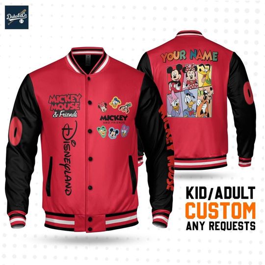 Discover Custom Varsity Jacket Mickey And Friend Red Color, Personalized Disney Kid Adult Toddler Jersey, Baseball Fans Gift, Family Matching Oufit