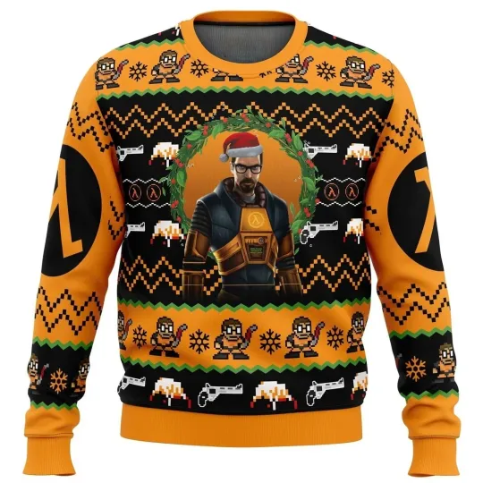 Discover Half-Life Gordon Freeman Ugly Christmas Sweater, Retro Gaming Festive Gift
