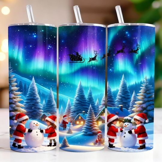 Discover Northern Lights Christmas Tumbler 20oz, Santa Sleigh & Snowman Winter Scene Cup, Festive Aurora Holiday Drinkware Gift for Xmas Lovers