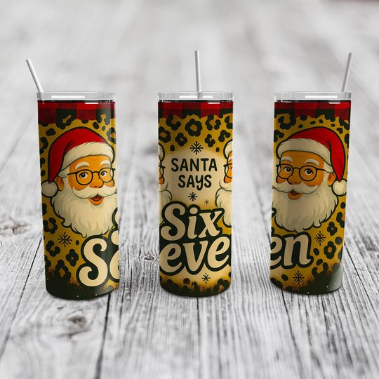 Discover Santa Says Six Seven Tumbler Wrap  , Christmas Leopard Print Santa Tumbler Sublimation, 20oz Skinny Tumbler Design, Retro Holiday