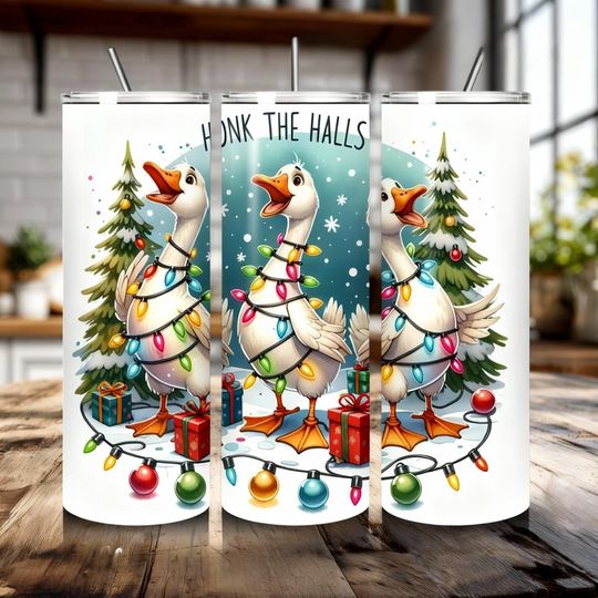 Discover Honk The Halls Christmas Tumbler, Funny Goose Wrapped in Lights Cup, Farm Animal Holiday Tumbler Gift for Christmas Lovers