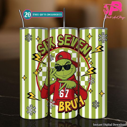 Discover Six Seven Bruh Funny Meme Christmas Hands 20 oz Skinny Tumbler Sublimation Design  , Trendy Christmas 2025  , Funny Green Guy Design