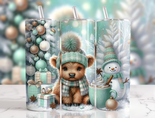 Discover Winter Highland Cow,20oz Skinny Tumbler Wrap,Christmas Puppy,Holiday Tumbler,Snowman Decor,Hot Cocoa,Cute Animal,Gift For Her,Seamless
